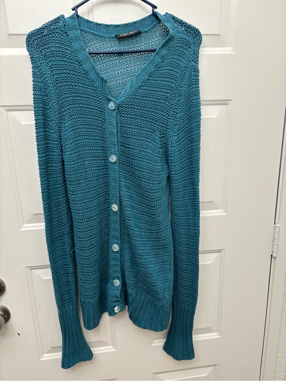 100% cashmere Teal Open-Knit Button-Front Cardigan Sweater